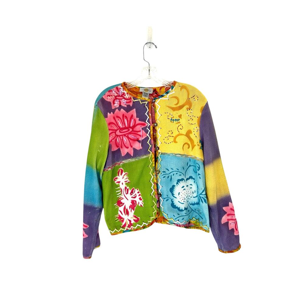 Sandy Starkman Multicolor Mixed Media‎ Art to Wear Knit Cardigan Size Medium